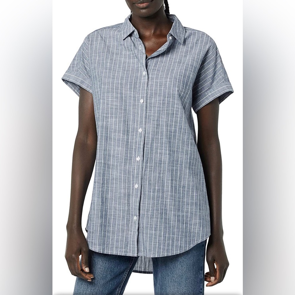 Women's Oversized Washed Cotton Short-Sleeve Tunic, Dark Blue/White Pinstripe